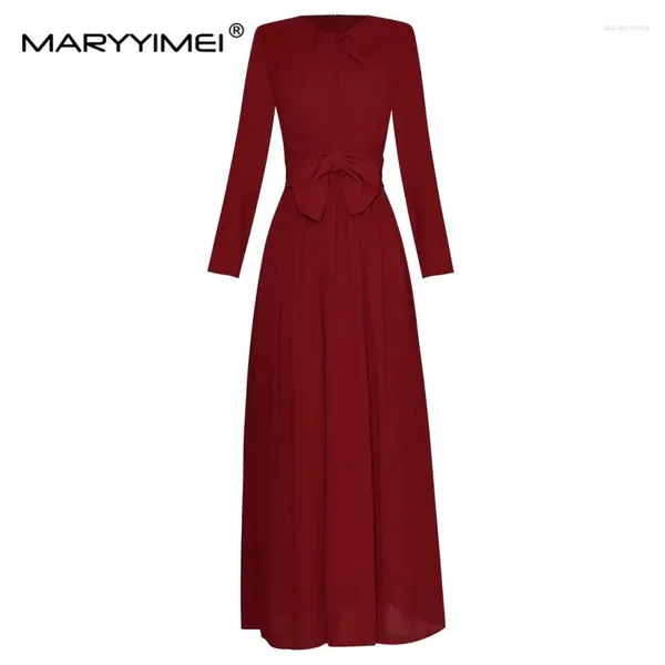 Vestidos de festa Maryyimei Designer de moda Autumn Dress feminino Folds de mangas compridas Bow Slim Red elegante