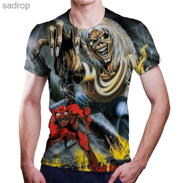 Erkek Tişörtleri 2023 Yaz Yeni Erkek Tişört Giyen Heavy Metal Rock 3D Baskı Mens Street gömlek serin kısa kollu üst ekstra büyükxw