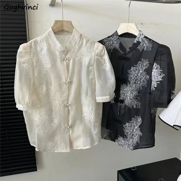 Shirt Chinese Style Vintage Shirts Frauen Temperament Chic Sommer Neue Mode Loose Standup Kragen Seethrough Ladies Streetwear jung