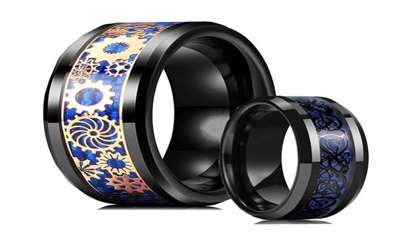 Uomini alla moda a vapore per ingranaggio dorato ruota tungsteno anelli in carburo vintage punk dragon nero anello intarsio intarsio blu anelli in fibra di carbonio1046796
