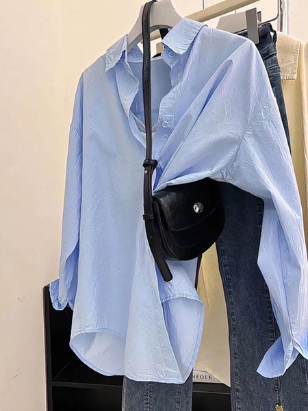 Blusas femininas verão francês cor sólida feminina camisa simples e casual mulher solta moda moda azul