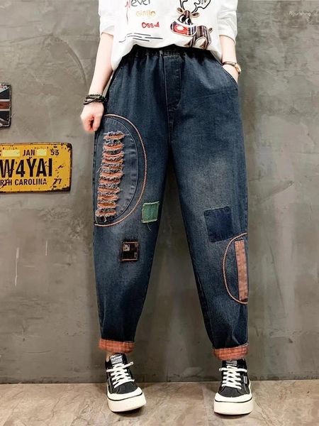 Jeans femininos 2024 Senhoras de outono lavado casual rasgado solto vintage retalhos de jeans de harém de calças elásticas da cintura punk femme branqueado