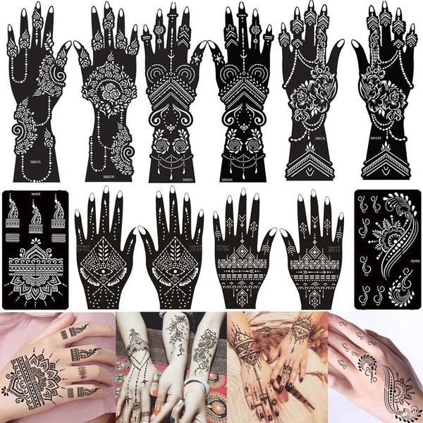 Tattoo Transfer 12 Blätter vorübergehende Tattoo Schablone Henna Tattoo Aufkleber Kit Hand Arm Airbrush Tattoo Vorlage für DIY Body Art Sticker 240426