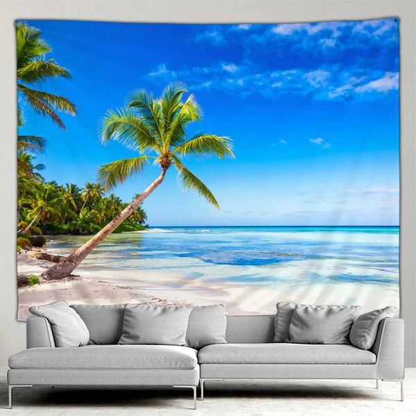 Audio spiaggia per esterni naturale paesaggio tacestry Coconut albero hawaii oceano oceano spiaggia patio parete appeso soggiorno decorazioni artistiche murali
