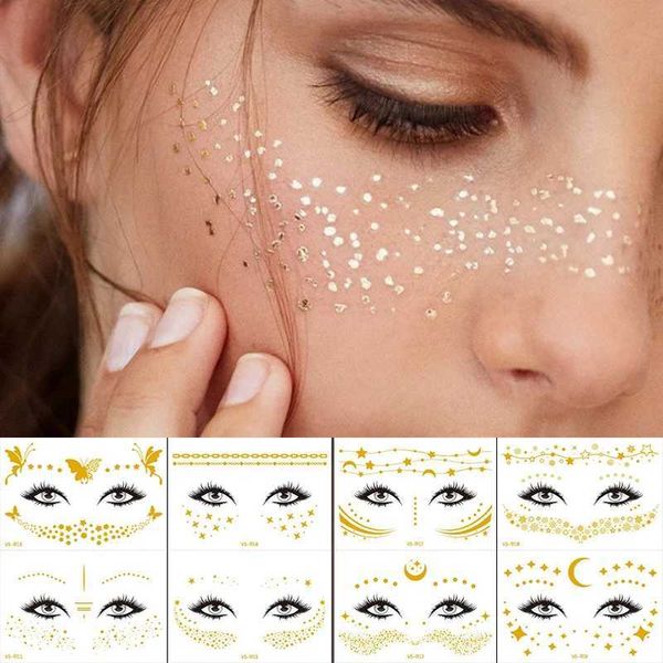 Tatuagem Transferência de tatuagem Tattoo de olho de olho Gold Golds Glitter Stickers Face Makeup Beauty Moon Stars Face Jewels Tattoo Seguro Noiva de Casamento 240426