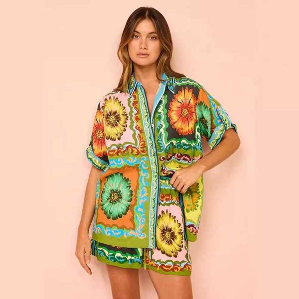 Calças de duas peças femininas Novo short casual solto moda moda versátil impressão de crisântemo linho de dois conjuntos de dois conjuntos de duas peças