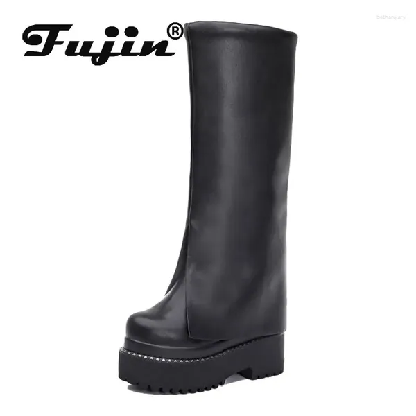 Stivali Fujin da 12,5 cm Chimney Genuine Leather Women Booties Knee Platfort High Platfort Tacco a cuneo Spring Autunno Fashion Fashion Winter Boot