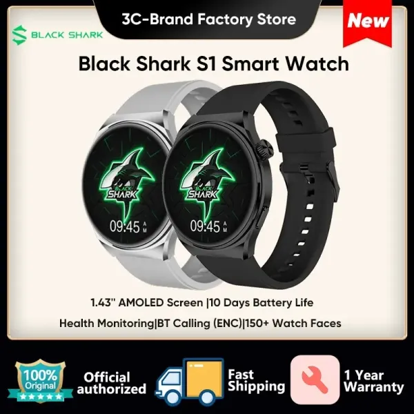 Saatler Orijinal Black Shark S1 Smartwatch 1.43 '' AMOLED SCRECE Sağlık İzleme Fitness İzle 10 Günlük Battery Ömrü Kablosuz Şarj