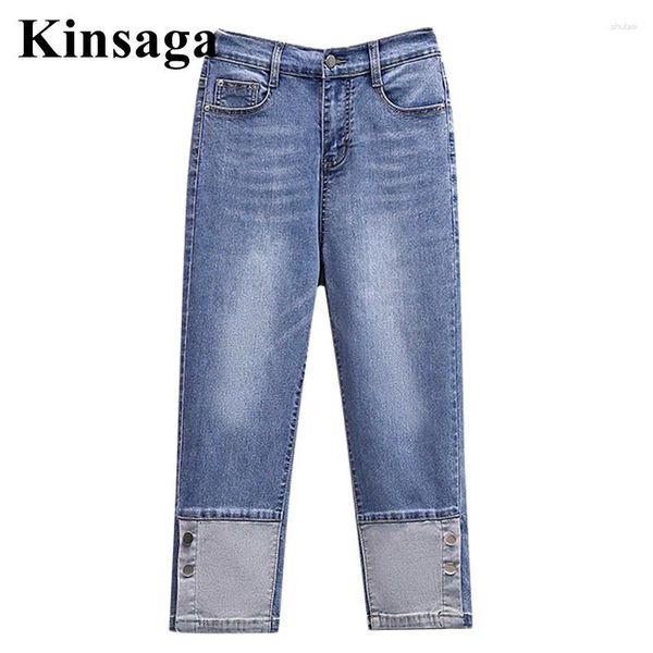 Damen Jeans Button Patchwork Manschuhe geschnittene 4xl Sommer Streetwear Stretch Skinny Capris Indie Ästhetische Reithose hohe Taille Jeans Pant