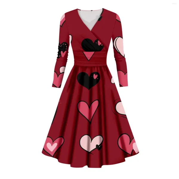 Lässige Kleider Ladies Fashion Valentinstag Print Langarm V-Ausschnitt sexy Kleid Simple Damen-Kleidung