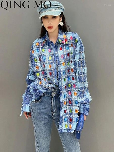 Camicette femminili Qing MO 2024 camicia a maniche lunghe a piazzolo a piatto lunghe Spring Donne sottili industria pesante Industria intarsiata Diamond Casualmente Casualmente ZXF4987