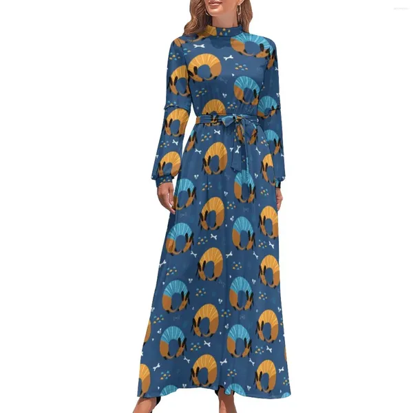Sıradan Elbiseler Dachshund Lover Elbise Karikatür Hayvan Estetik Bohemia Kadın Uzun Kollu Yüksek Boyun Zarif Maxi