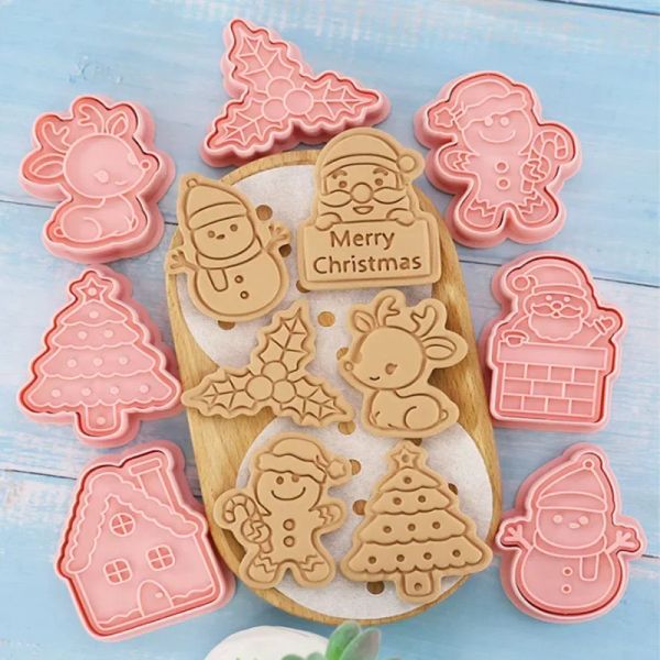 Moldes 8pcs Cores de biscoito de natal Santa Claus Snowflake Molds Biscoits Biscoits Carimbo de canto de Natal Acessórios para panificação de Natal Decoração