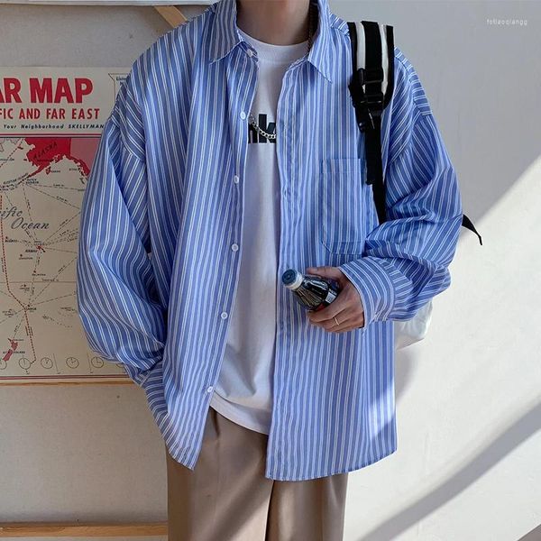 Herren Casual Shirts Hemd Frühling und Herbst Koreanische Mode Großer loser Streifen Kontrastfutter Jacke echte Werbung A162