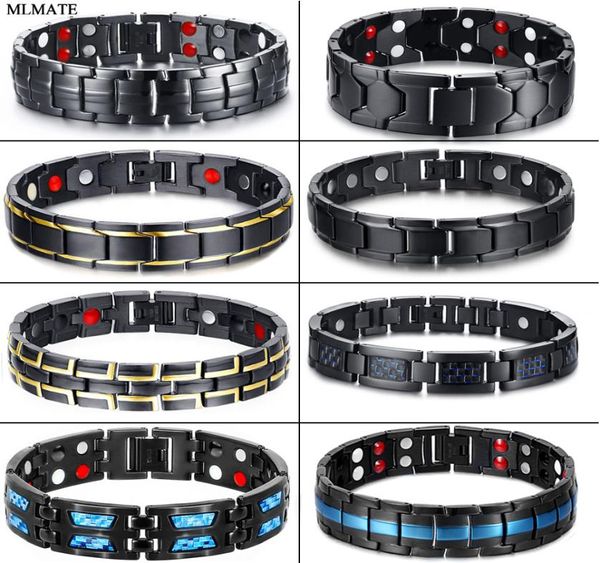 Homens Mulheres Braceletas de Saúde Magnética Black Titanium Steel Power Therapy 4in1 ímãs Is Negativo