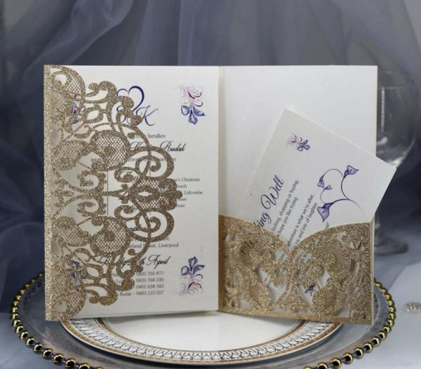 Gold Silver Glitter Laser Cut Pocket Convite para casamento de noiva de noiva de casamento BIRT3367949