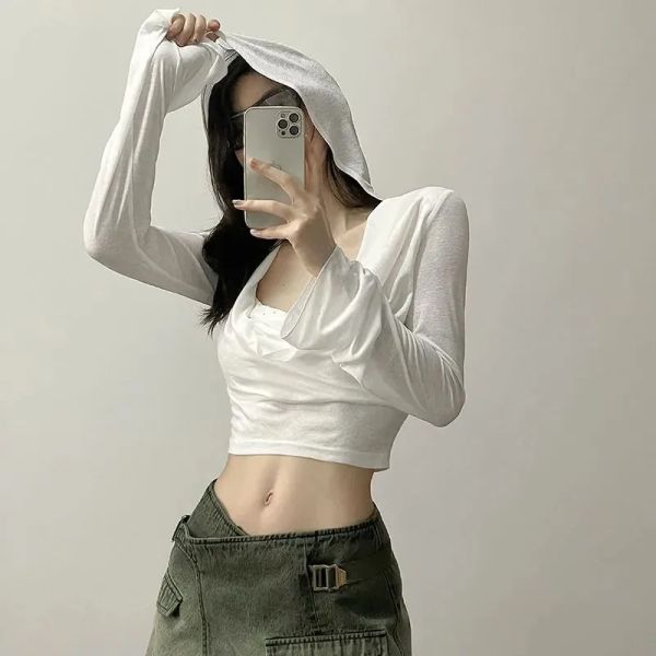 Bluse Lucyever Kapuze weiße Ernte Tops für Frauen sexy heißes Mädchen Lowcut Cropped Shirts Frau Sommer dünn einfacher Langarm T -Shirts