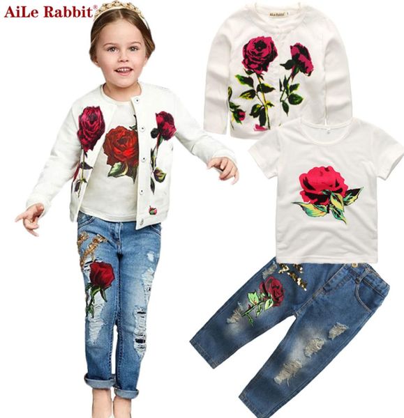 Herbst neueste Mädchen Kleidung Anzug Jacke T -Shirt Jeans 3 PCs Set Fashion Rose Cardigan Tops PAIL KINDER COUNT2702974