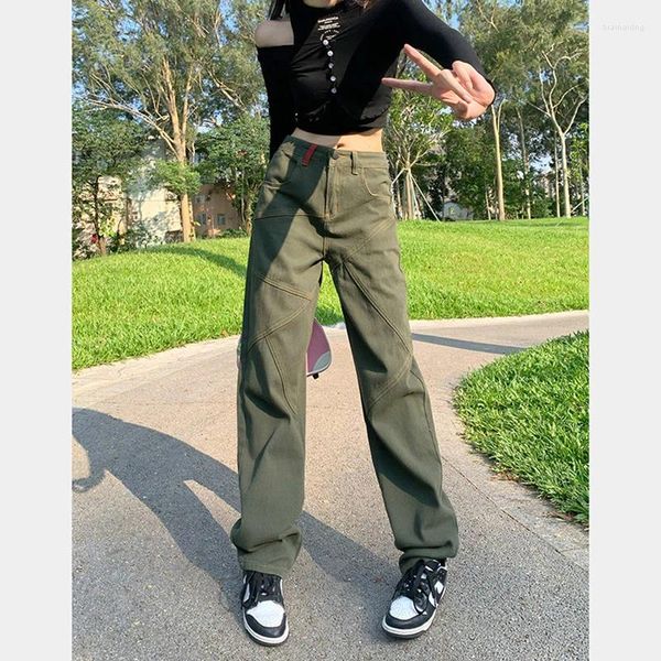 Jeans feminino Mulheres Bottoms Bottoms Olive Green Fashion Moda direta Patchwork Calça de perna larga High Street Vintage Baggy Trouser Ladies Summer Summer