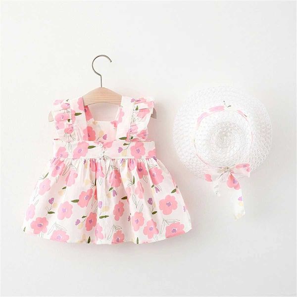 Mädchenkleider 2-teiliger Babykleid+Sonnenschatten Hut Mädchen Baby Druck Strandrock ärmellose süße florale Baumwolle locker Summer Kleid