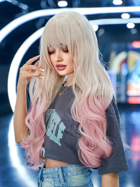 Weibliche Perücke Gradient Pink Influencer Big Waves Langes lockiges Haar Mode Vollkopfabdeckung