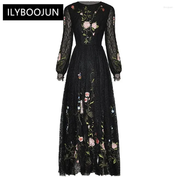 Lässige Kleider Sommer Mode Landebahn Schwarz Vintage Spitzenkleid Frauen O-Neck Langarm Pailletten Stickerei hohe Taille Slim Slim