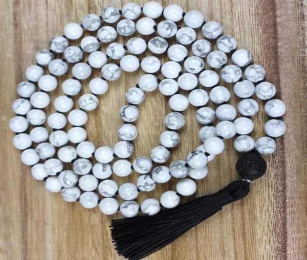 108 Howlite Knoted Mala Collana Lava Stone Pendantle con cravatta con nappa nera Gioielli di guarigione calmante emotiva3290362