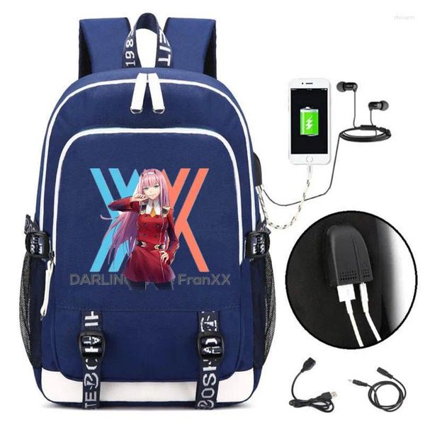 Mochila ousada no Franxx com porto de moda USB e bloqueio /fone de ouvido Bag da escola casual para adolescentes Laptop Presente