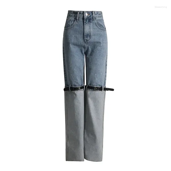 Women's Jeans Denim Spliced Pants Straight Leg Distressed Washed High Waist Loose Streetwear Casual Office Lady Summer Trousers