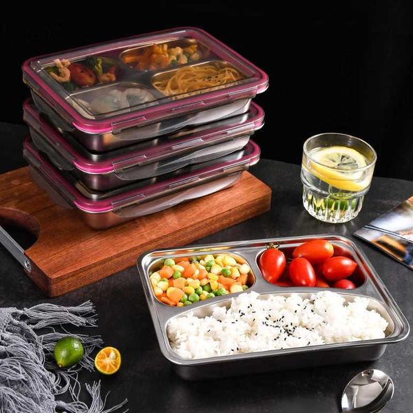 Bento Boxen 304 Edelstahl geteiltem Lunchbox und Teller Metallversiegelte Lebensmittel Lagerbehälter mit Deckelschule Childrens Cafeteria Q240427