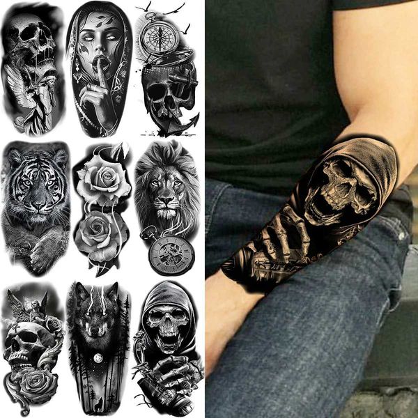 Tattoo Transfer Black Skull Halloween Skelett Temporär Tattoo für Männer Erwachsene realistische Löwen Tiger Wolf gruselige falsche Tattoo Aufkleber Unterarm Tatoo 240427