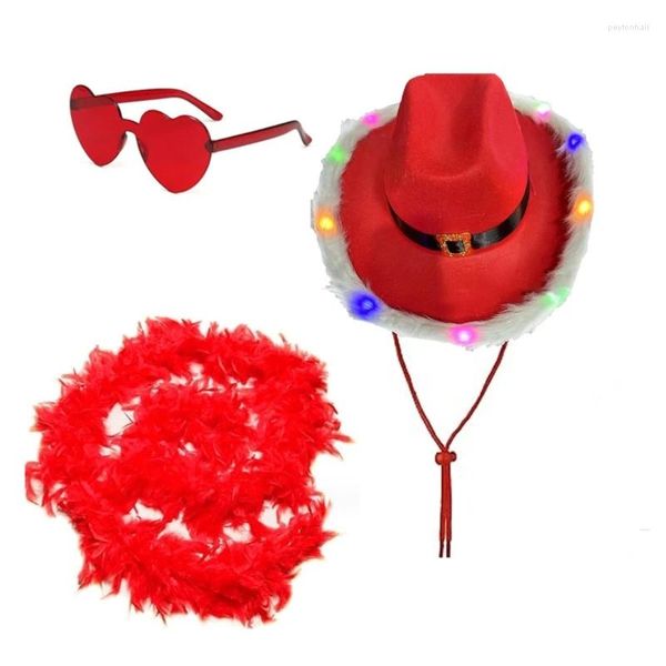 Berretti 3 pezzi/set di costumi di costume di Natale per adulti PROPT OUTDOOR DONNA CAPPO COWBOY con occhiali da sole a cuore sciarpa di piume