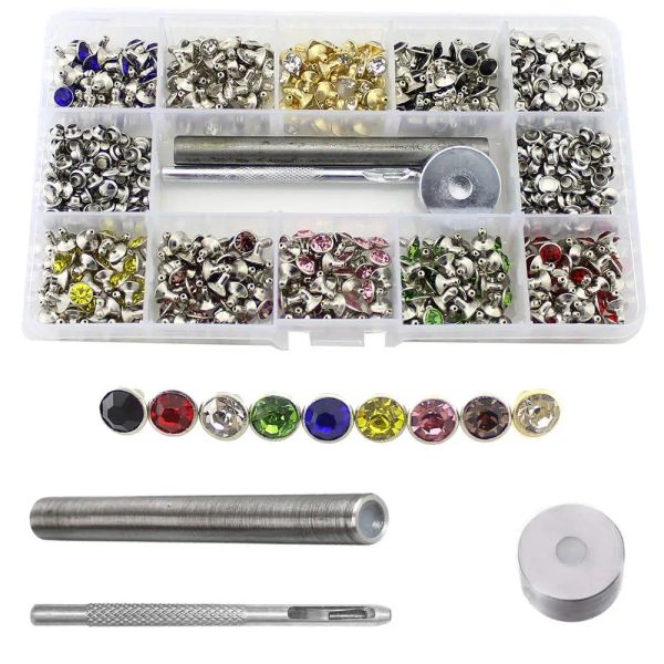 Maschinen 360pcs 7 mm farbenfrohe Strassnieten für Lederhandwerk Kupferspikes DIY -Kleidung Taschen Kristall Nieten Accessoire mit Werkzeugen