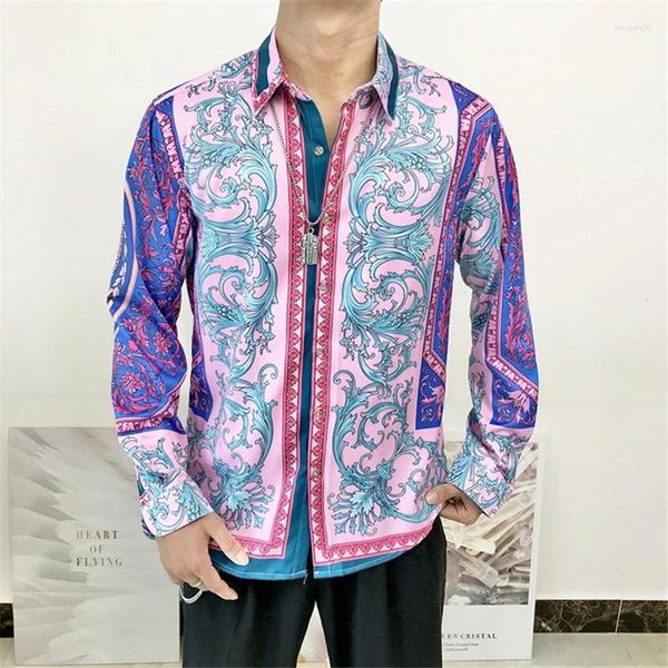 Camicie casual da uomo camicia lunga a maniche lunghe design barocco di lusso stampato floreale hipster per la festa di laurea