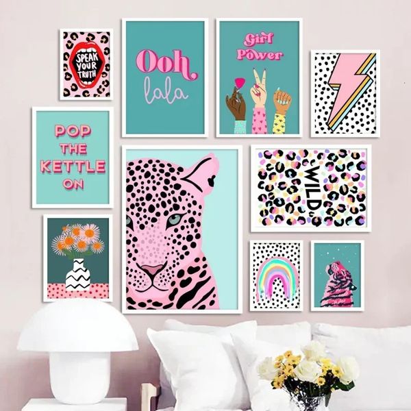 Wild Leopard Tiger Vase Blume Regenbogen Girl Power Wall Canvas Malerei Lippen Abstrakte nordische Posterkunst Bild für Wohnkultur 240424