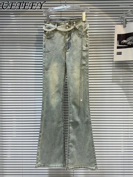 Frauen Jeans hohe Taille Schlanke ausgestattete Jeanshose 2024 Sommer Perlenkettenstreifen gewaschen