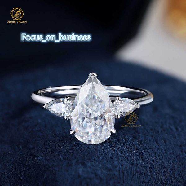 Anel de pêra de pêra do estilo de jóias de jóias femininas três pedras 3ct 7x11mm 18k Solid White Gold Moissanite noivado anel