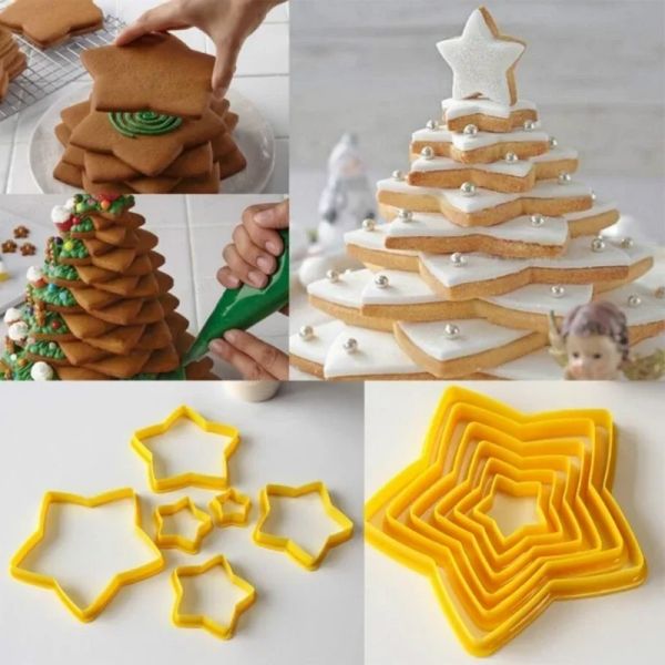 Moldes 6pcs/conjunto 3d DIY Pentagrama Christmas Cookies Cutter Cutter Mold Baking Tool para o dia de Natal