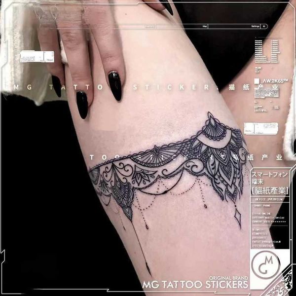 Tattoo Transfer sexy Spitzenbein Ring wasserdichte temporäre Tattoo Aufkleber Frauen Modes Schwarz Kunst gefälschte Tattoo dauerhafte Tattoos Faux Tatouage Femme 240426