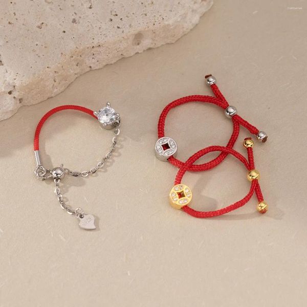 Clusterringe 65 69 mm Silberring 925 Koreanisch für Frauen Sxerling Schmuck Zirkon Big Kette Rotes Seil verstellbares Mädchen