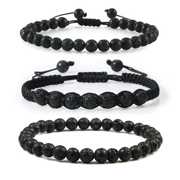 Bracciale da uomo caldo in rilievo Bracciale da 6 mm a roccia nera fusa ematite fatta a mano e gioielli da donna di dimensioni regolabili