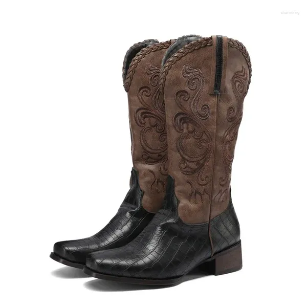 Boots Blxqpyt Cowboy Black Faux Leather Leather Winter обувь ретро мужчины женщины, вышитые западной унисекс -обувь Большой размер 0492