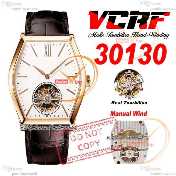30130 Malte Real Tourbillon Handwinding Mechanical Mens Watch Rose Gold Hülle weiße Stick Dial Braunes Lederband Super Edition Reloj Hombre Montre puretimewatch