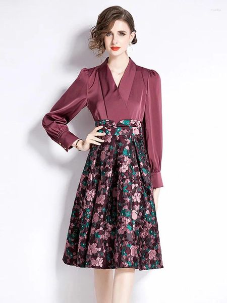 Lässige Kleider elegante Designerin Frühling für Frauen 2024 Mode Langarmdrucken Patchwork Vestidos Aline Knie Länge Robe