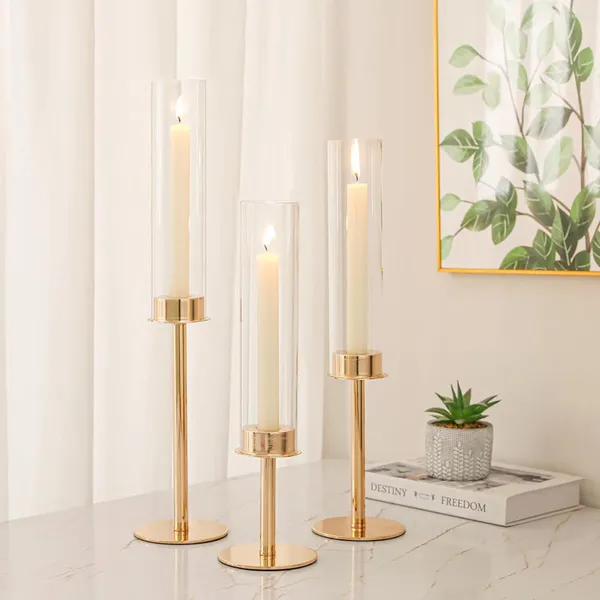 Держатели свечей 3PCS Candlestick Wind -Ronate Gold Toper Stand Modern Glass для свадебного рождественского деко на открытом воздухе
