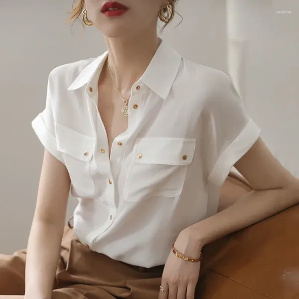 Bloups feminino Escritório Lady Lady Color Solid Chiffon Camisa de bolsos elegantes de retalhos 2024 verão coreano básico-pescoço polo casual peito único