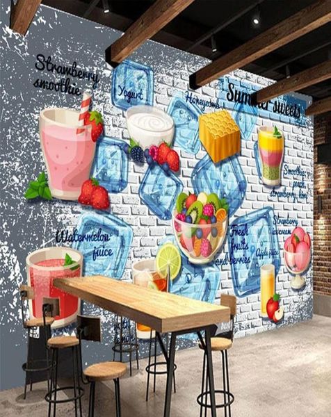 Hintergrundbilder Gewohnheit jeder Größe Wandtapete 3D Kaltgetränk Shop Milk Tee Fruchtsaft Ziegelmauer Hintergrund Papier PVC wasserdichte STIC67266639