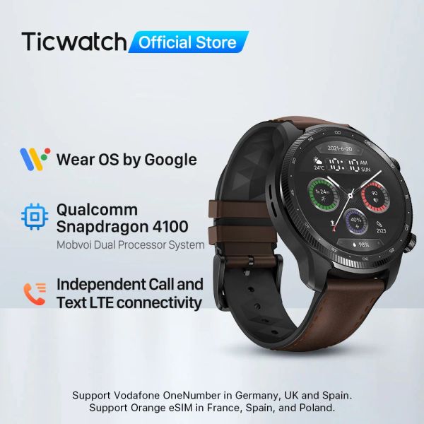 Relógios Ticwatch Pro 3 Ultra LTE Wear OS Smartwatch Vodafone e Orange Snapdragon Wear 4100 Relógio Monitoramento de oxigênio do sangue Pagamento NFC