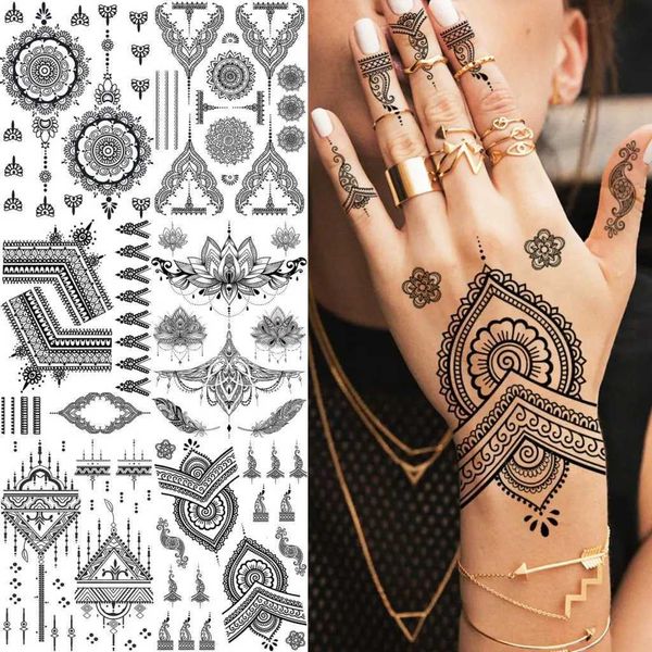 Dövme Transferi Rejaski Siyah Kana Dantel Geçici Dövmeler Çıkartma Kadınlar için Kelebek Güve Mehndi Flower Sahte Tatoo Sticker Feather Flora Tatoo 240426