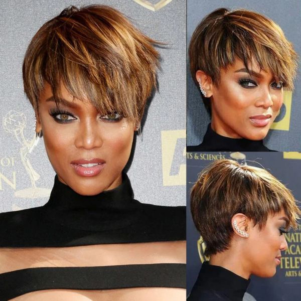 Perucas trueme de cabelo humano curto e reto moda moda pixie cut cabelo humano para mulheres ombre brasileiro marrom vermelho cinza humano barato perucas baratas